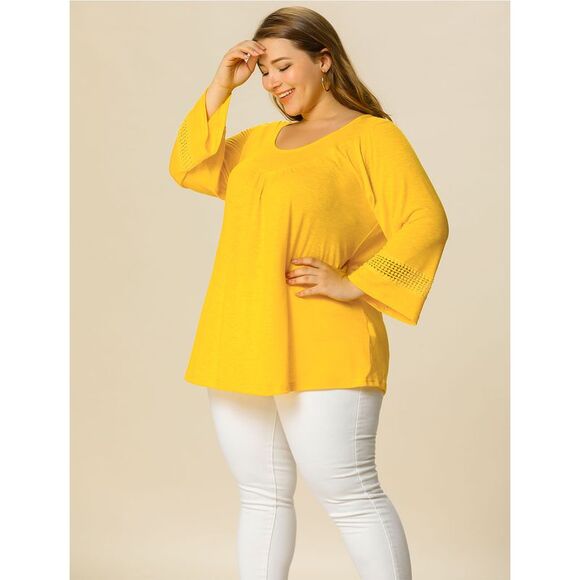 Women's Plus Size Crochet Panel Kimono Raglan Sleeves Tops Yellow - Picture 4 of 6